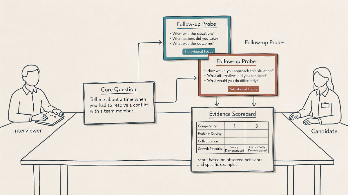 Diagram of a semi structured hiring interview with core questions, follow-up probes, and an evidence scorecard