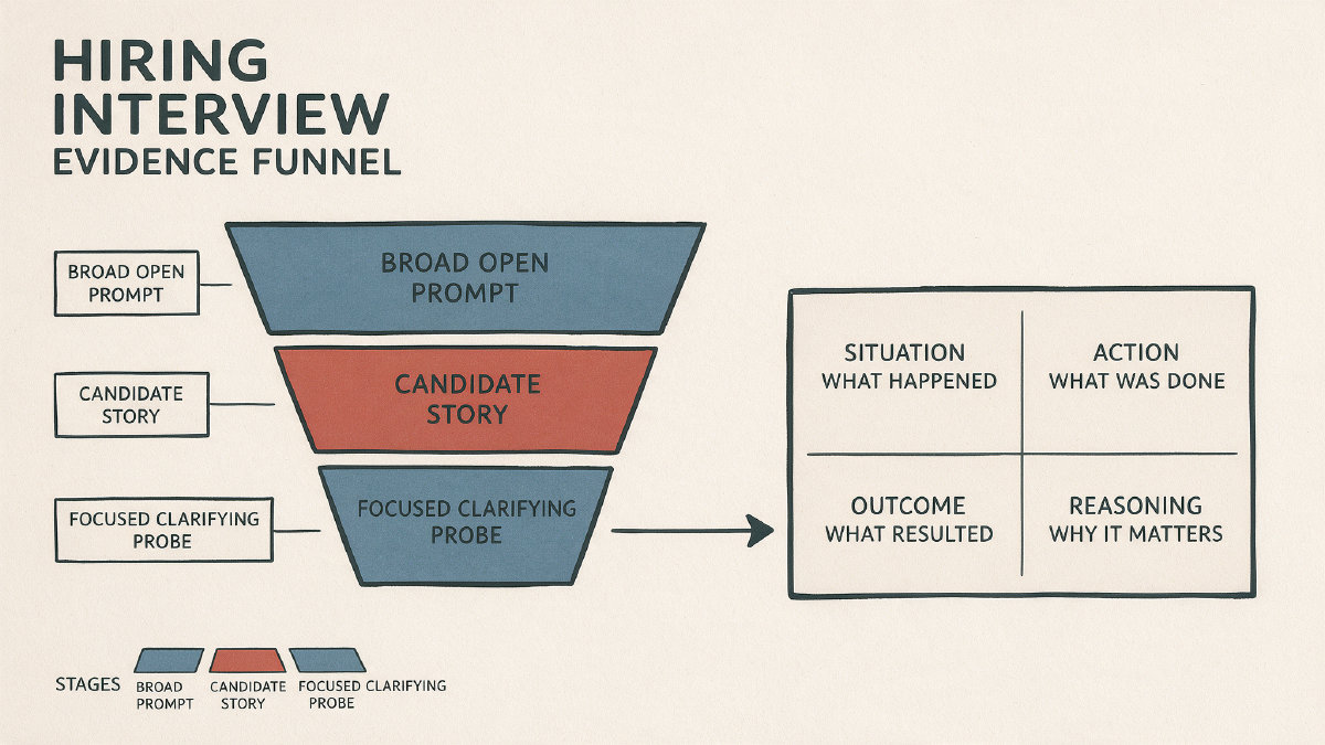 Diagram of an interview evidence funnel moving from an open prompt to a candidate story to a clarifying probe and evidence note