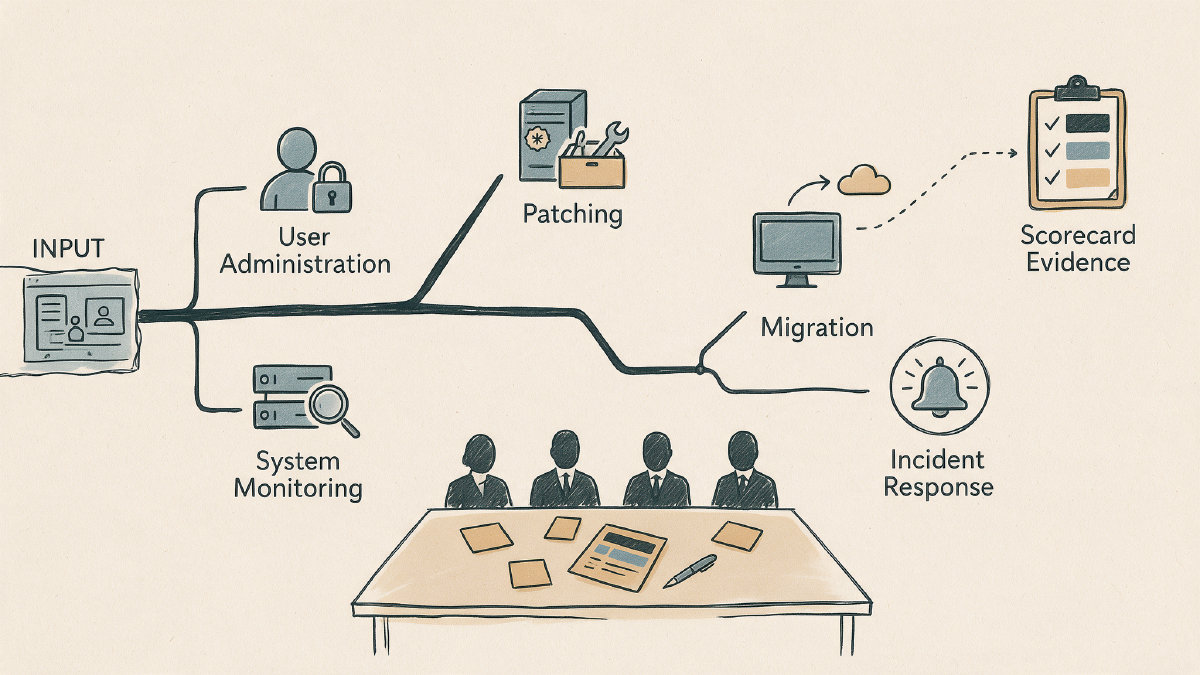Diagram of SAP Basis interview topics connected to evidence and scorecard notes during a hiring panel.