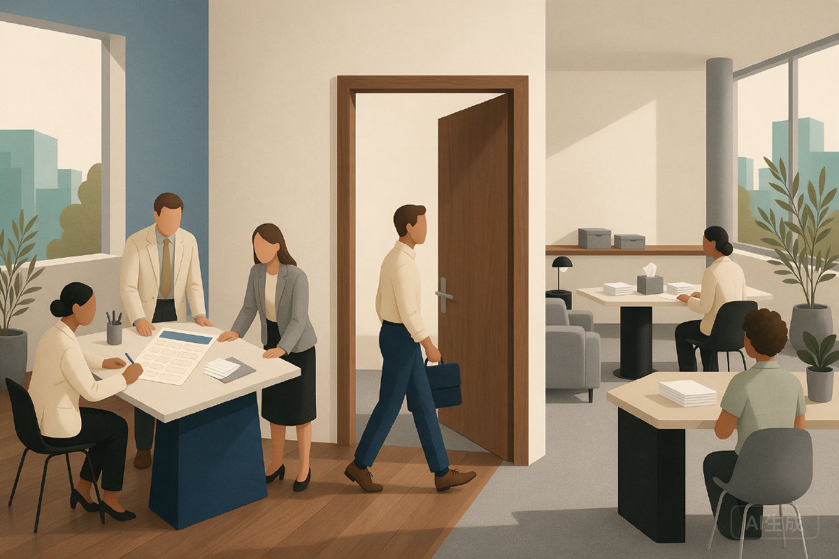 Hiring panel reviewing a structured scorecard as an employee moves between internal teams