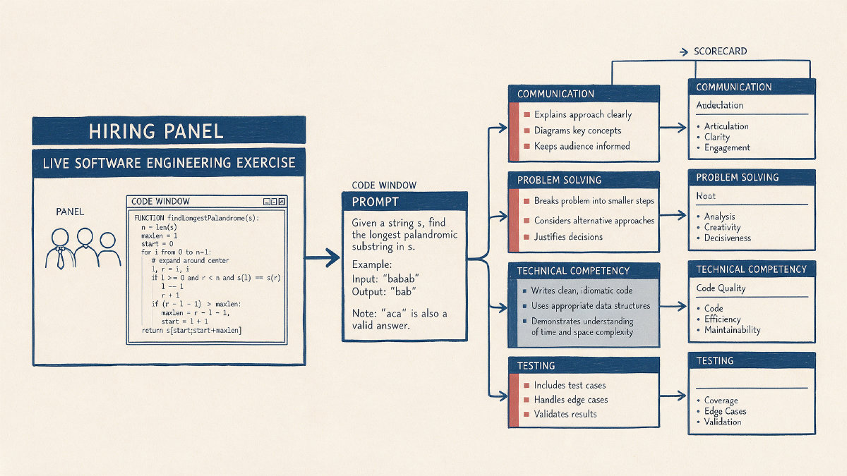 Diagram showing a live coding prompt feeding communication, problem solving, technical competency, and testing evidence into an interview scorecard.
