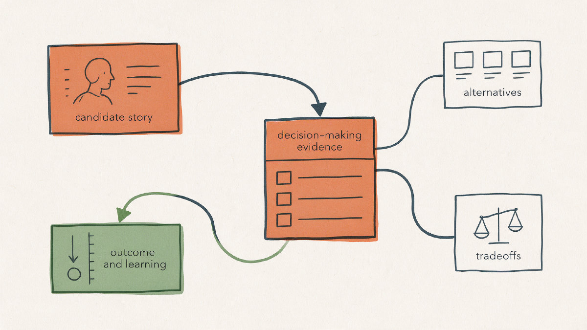 Diagram connecting candidate story, alternatives, tradeoffs, outcome and learning to decision-making evidence on a scorecard