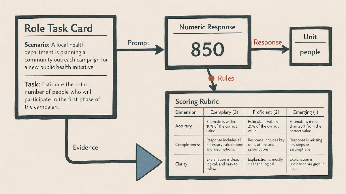 Diagram connecting a role-based numerical prompt, numeric and unit response fields, and a scoring rubric